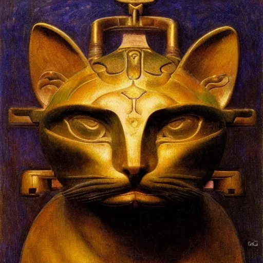 Image similar to masterpiece painting of an ancient bronze sculpture of a mechanical cat head, by annie swynnerton and diego rivera and nicholas roerich and jean delville, symbolist, dramatic lighting, god rays, elaborate geometric ornament, art brut, rich colors, smooth sharp focus, extremely detailed, adolf wolfli
