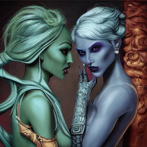 Prompt: a scene of two identical beautiful female drow rogues face to face, full of detail