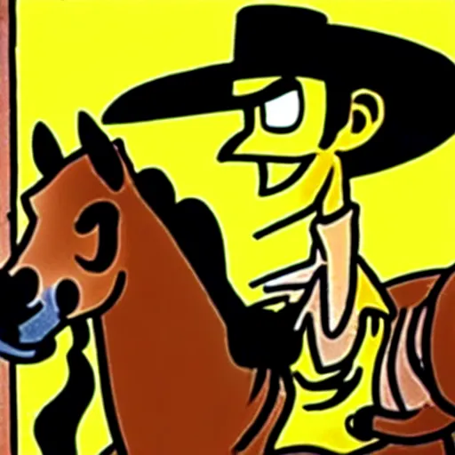 Image similar to lucky luke smoke a cigarette on a horse in a western country