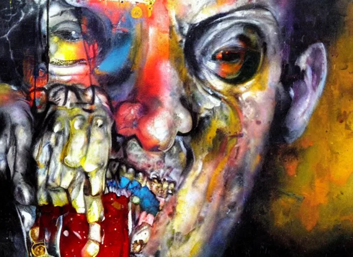 Prompt: a still from an occult horror movie by dario argento, alejandro jodorowsky and kenneth anger, close - up : : oil painting by adrian ghenie