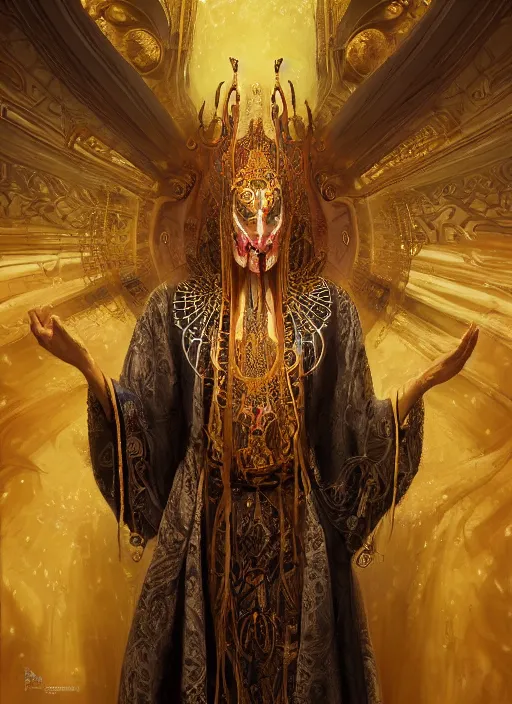 Prompt: slender high priest in a ornate robe, strange headpiece, subsurface scattering, by artgerm, karol bak, tomasz alen kopera, cgsociety and fenghua zhong, highly detailed, rim light, cinematic lighting, illustration, art, octane render, very coherent, cinematic, hyper realism, high detail, octane render, 8 k