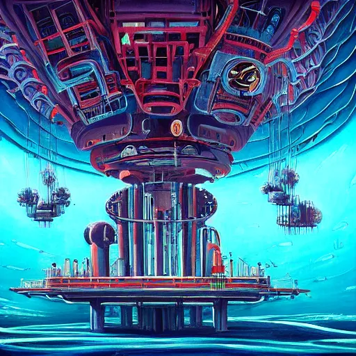 Prompt: beautiful painting of a giant mechanical theatre under the ocean in the style of Simon Stålenhag and H. R. Giger