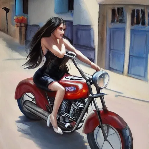 Image similar to a beautiful brunete girl in a moto, in the style of thomas saliot