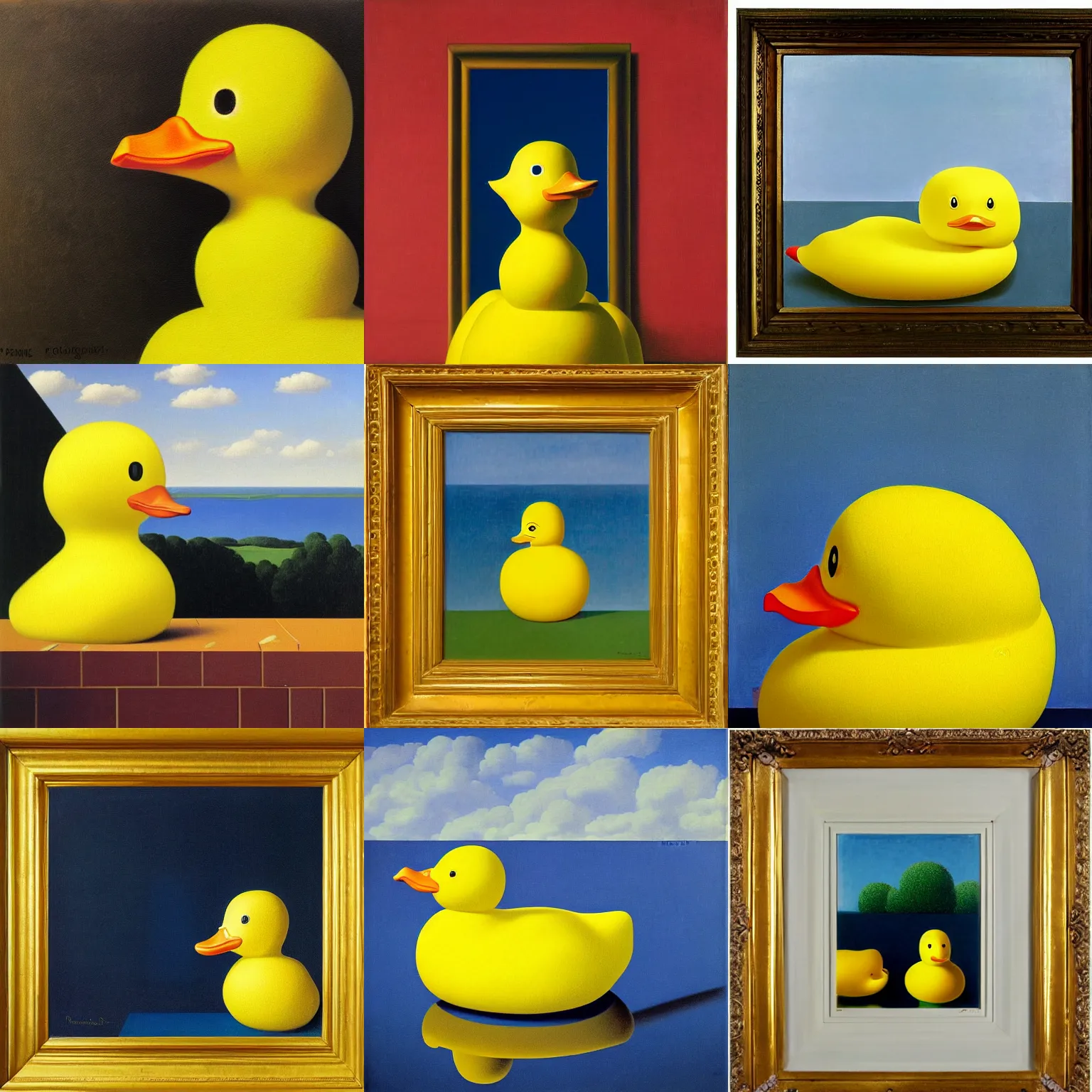 Prompt: portrait of a yellow rubber duck by rene magritte, oil on canvas.