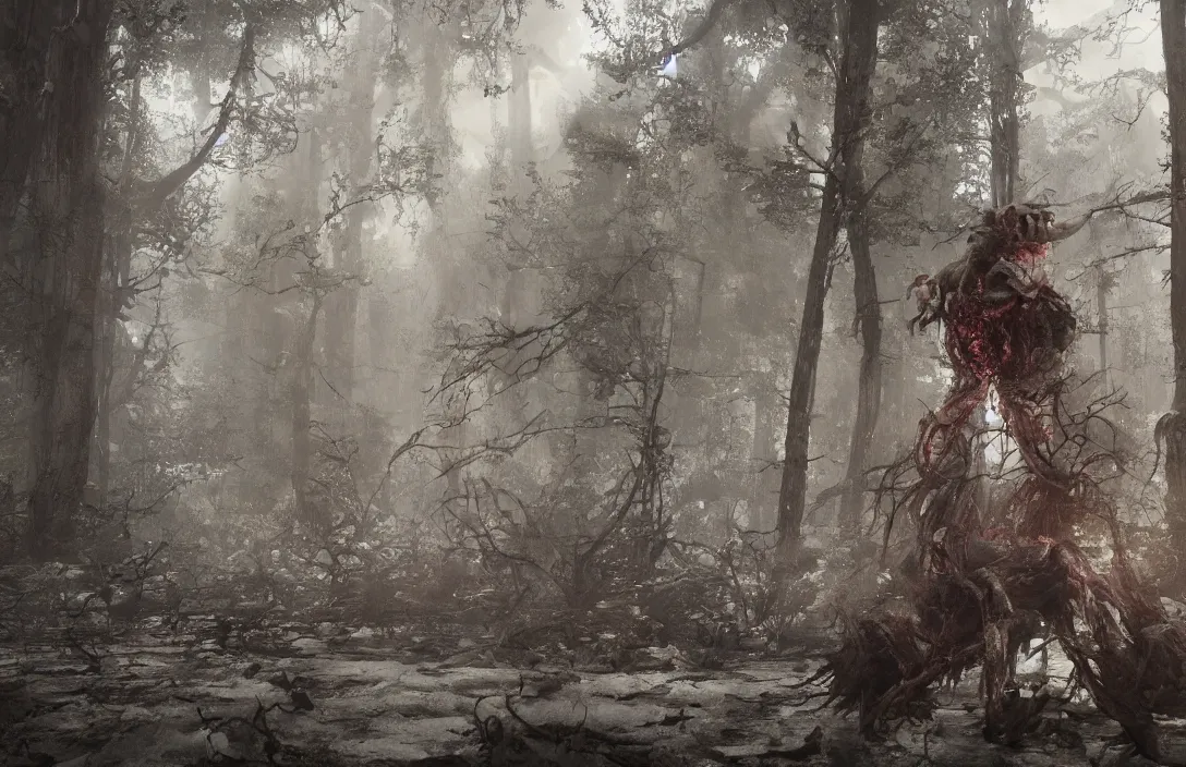 Prompt: cinematic trailer for 8 k pc game ray tracing arnold houdini octane horror game scary game. nightmare fuel. survival. lovecraftian creature hunting you. hardcore horror. intricate detail. super detailed. hyperrealism trending on artstation cgsociety wow post - processing. # horrorfilm haunted forest full of hanging skeletons. excorcism cinematography. drug fueled nightmare