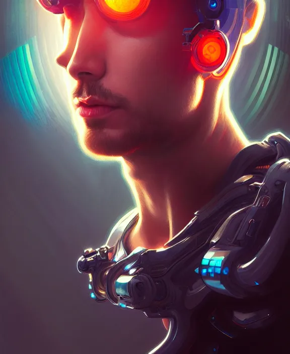 Image similar to a whirlwind inside the metaverse, guy, male, man, hologram, half body, neurochip, android, cyborg, cyberpunk face, by loish, d & d, fantasy, intricate, elegant, highly detailed, colorful, digital painting, artstation, concept art, art by artgerm and greg rutkowski and alphonse mucha