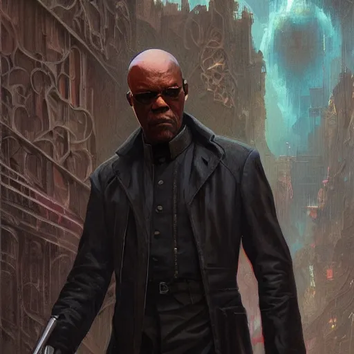 Image similar to Samuel L. Jackson as Morpheus in the Matrix, intricate, highly detailed, digital painting, artstation, concept art, sharp focus, illustration, art by greg rutkowski and alphonse mucha