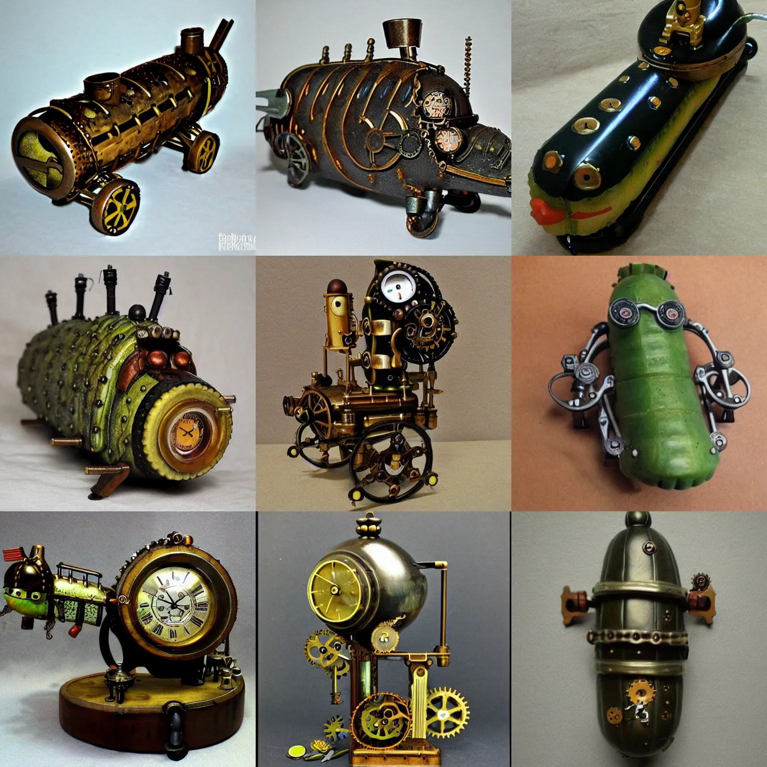 Prompt: steampunk steam powered powered ( ( ( pickle ) ) ), pickle in shape of clockwork submarine