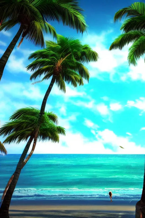 Image similar to beach, ocean, palm trees, sunshine, first person view, scenery wallpaper aesthetic, beautiful, cinematic, dramatic, super detailed and intricate, hyper realistic, 4 k render, by satoshi kon, by kentaro miura