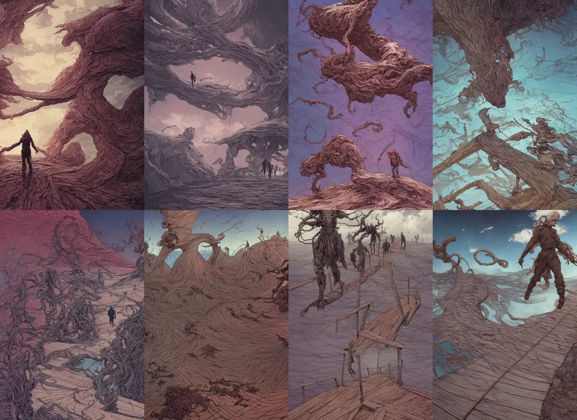 Prompt: walking on an old wood bridge, 3 meters , swirly clouds in the background, art by James Jean and Wayne Barlowe and moebius, high details , contrasted colors, cinematic, cgsociety 8k