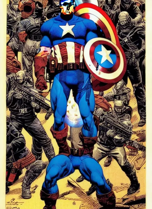 Image similar to captain america as a cyberpunk mercenary. portrait by clyde caldwell and jean giraud and anton otto fischer and john philip falter and will eisner and gil elvgren