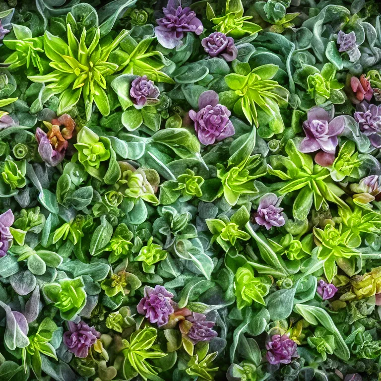 Prompt: a beautiful macro picture with close up sprouts and plants from a fantasy world with different patterns, fantastic growths, luminous tendrils and blooming unusual invented flowers, highly detailed, hdr, 8 k resolution, fantasy art