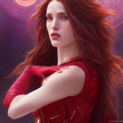 Image similar to ultra realistic illustration, bella thorne as scarlet witch, intricate, elegant, highly detailed, digital painting, artstation, concept art, smooth, sharp focus, illustration, art by artgerm and greg rutkowski and alphonse mucha