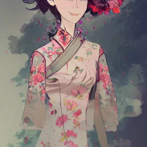 Image similar to concept art for a middle - aged chinese teacher with permed hear and a floral dress, by dustin nguyen, akihiko yoshida, greg tocchini, trending on artstation, 8 k