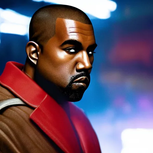 Image similar to Portrait of Kanye West as willy wonka in gears of war, splash art, movie still, cinematic lighting, dramatic, octane render, long lens, shallow depth of field, bokeh, anamorphic lens flare, 8k, hyper detailed, 35mm film grain