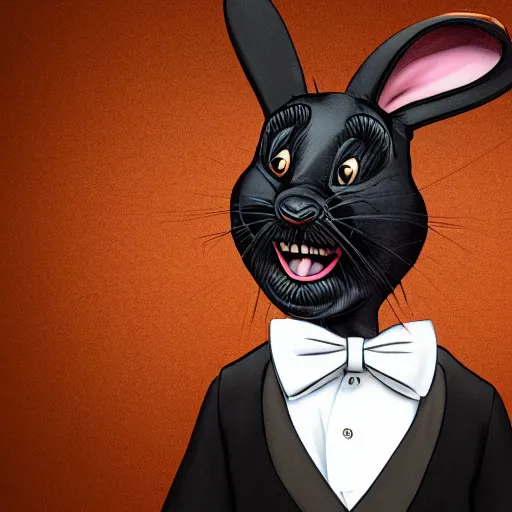 Image similar to A extremely highly detailed majestic hi-res beautiful, highly detailed head and shoulders portrait of a scary terrifying, horrifying, creepy black cartoon rabbit with a bowtie and scary big eyes, earing a shirt laughing, hey buddy, let's be friends, in the style of Walt Disney