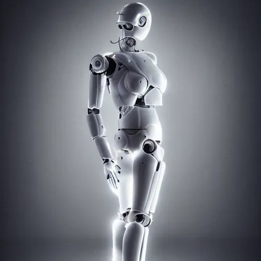Prompt: beautiful centered fine art photo portrait of romantic beautiful girl as a solarpunk robotic humanoid, white mechanical parts with led lights, contrapposto pose, photorealistic, white background, highly detailed and intricate, soft box lighting, hdr 8 k