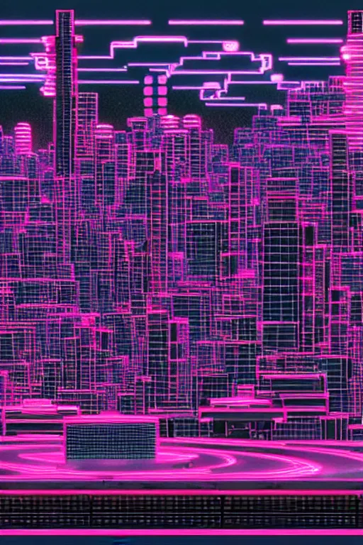 Image similar to drum machines and synththezisers cityscape, modular, in the style of akira, tron, sculpted by gaudi