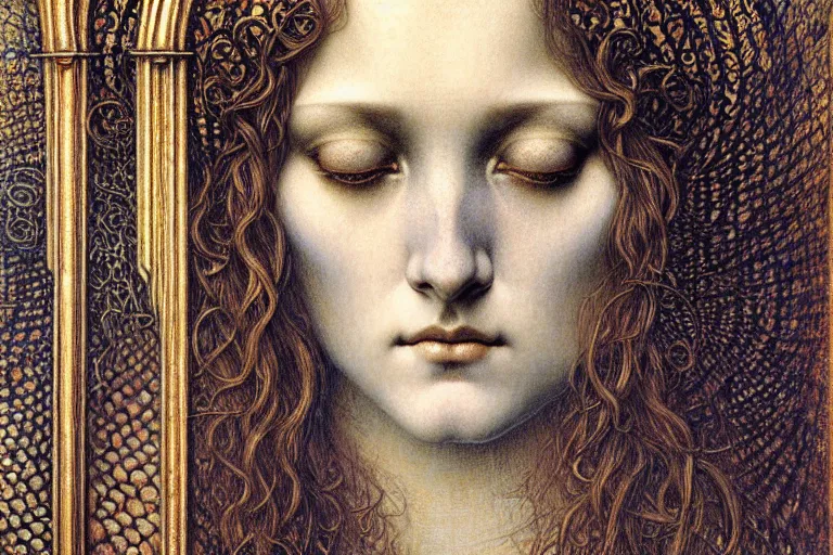 Image similar to detailed realistic beautiful young medieval queen face portrait by jean delville, gustave dore and marco mazzoni, art nouveau, symbolist, visionary, gothic, pre - raphaelite. horizontal symmetry