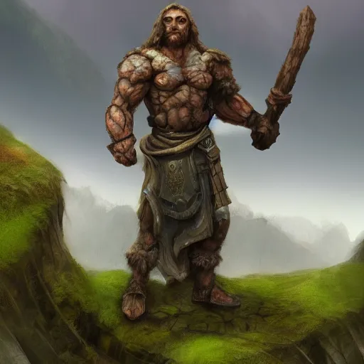 Image similar to stone warrior, moss, large stone hammer, standing in a valley between two mountains, digital art, trending on artstation, high quality