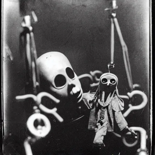 Prompt: female alive, two creepy marionette puppet, horrific, unnerving, clockwork horror, pediophobia, lost photograph, dark, forgotten, final photo found before disaster, human laying unconscious in the background, polaroid,