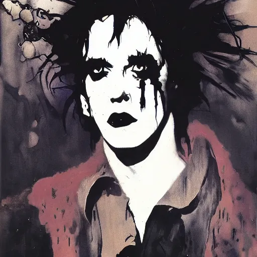 Image similar to portrait of young robert smith as dream from sandman, by jeremy mann, by mike mignola, by dave mckean and richard avedon and maciej kuciara, 1 9 8 0's, punk rock, gothic, the cure, high detailed, 8 k