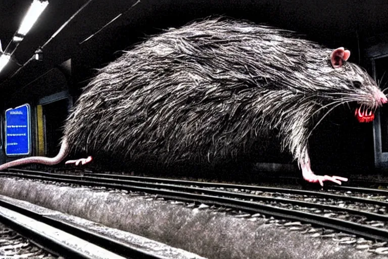 Prompt: very large giant mutant zombie irradiated ( angry rat ) staying on railways in tonnel of moscow subway. tonnel, railways, giant angry rat, furr, fangs, claws, very realistic. fog, extreme long shot, herman nitsch, giger, anish kapoor.