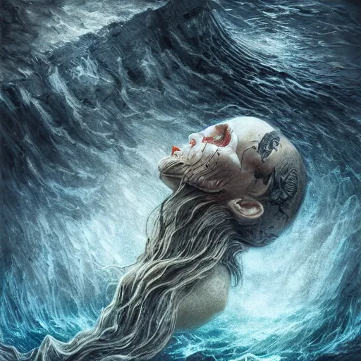 Prompt: death rising from the depth of the ocean, wide angle shot, diffuse lighting, fantasy, intricate, elegant, highly detailed, lifelike, photorealistic, digital painting, illustration, concept art, smooth, sharp focus, a 2 4! film cinematography