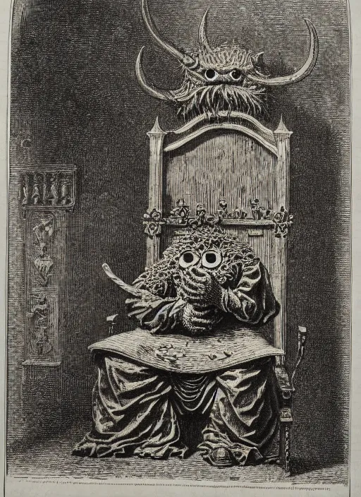 Image similar to cookie monster sitting on a throne, demon from the dictionarre infernal, etching by louis le breton, 1 8 6 9, 1 2 0 0 dpi scan, ultrasharp detail, clean scan