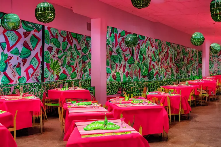 Image similar to 1 9 9 2 watermelon themed diner, tables repeat endlessly into the horizon, fruitcore, watermeloncore, one point perspective, americana, restaurant interior photography, 5 5 mm