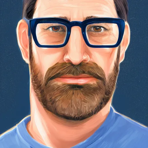 Prompt: Close-up portrait of Cirillo Luna, light brown hair and salt-and-pepper hair with a short beard, thick dark glasses, blue eyes, big nose, wearing a shirt and a jean, digital painting, 4k, rays of light, particles light, artstation, kuvshinov ilya, landscape by Noah Bradley, pixel art