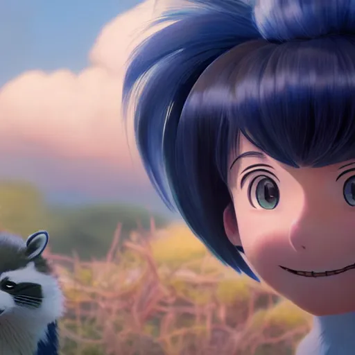 Image similar to a wholesome animation key shot of a dark blue haired girl with a raccoon tail, medium shot, studio ghibli, pixar and disney animation, sharp, rendered in unreal engine 5, anime key art by greg rutkowski, bloom, dramatic lighting