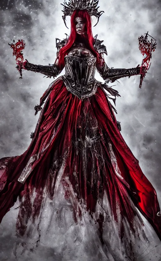 Image similar to the blood crown queen wear the scarlet armor, cinematic lighting, various refining methods, micro macro autofocus, ultra definition, award winning photo