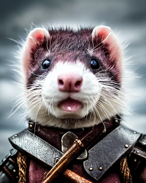 Image similar to ferret love warrior, furry, fantasy, viking, high detailed, hearts, photography, cloudy, lightweight leather armour, scandinavia, plain, detailed face, look into the distance, serious face, full body, in full growth, professional photographer, masterpiece, 5 0 mm, extremely detailed, digital art, middle ages, minimalism 8 k