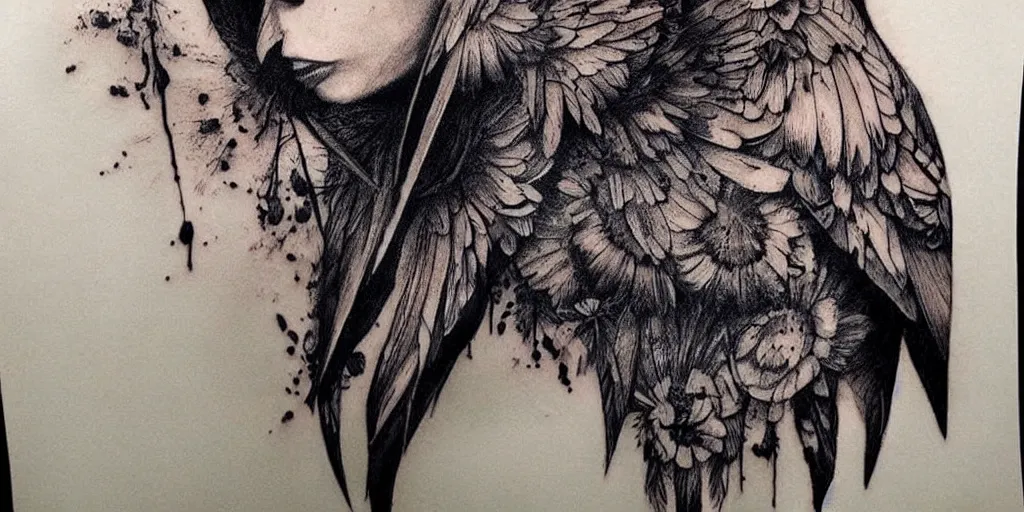 Image similar to realistic tattoo designs drawn on paper, mutant raven, dark, golden, delicate, hyper realism, tim burton, ink, ultra realistic, 8 k