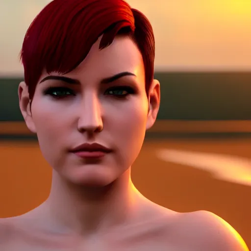 Prompt: Render of a cute 3d girl, femshep, undercut red hair, undercut, green eyes, soft smile, golden hour, beach setting, medium shot, mid-shot, trending on Artstation, Mass Effect, Unreal Engine 4k