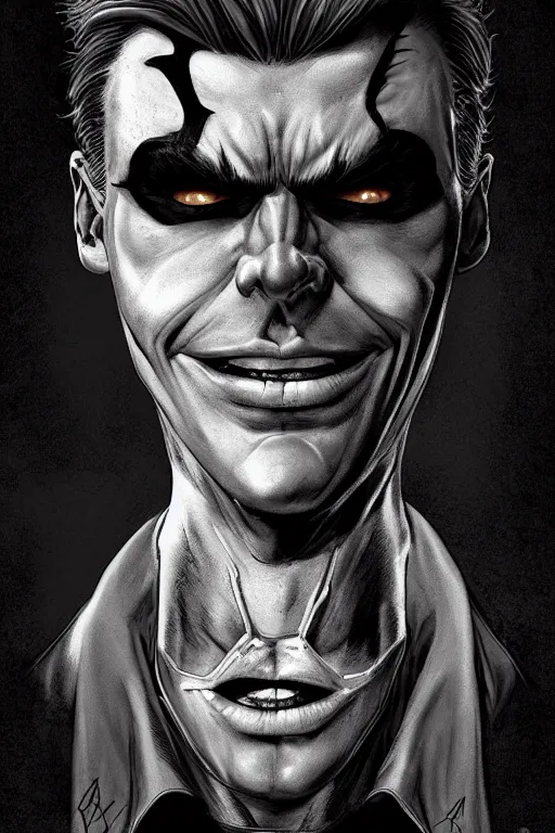 Image similar to aesthetic digital portrait of a handsome young man with a sinister grin by brian bolland, rachel birkett, alex ross, and neal adams | dark, intimidating, imposing, portrait, character concept, concept art, unreal engine, finalrender, centered, deviantart, artgerm