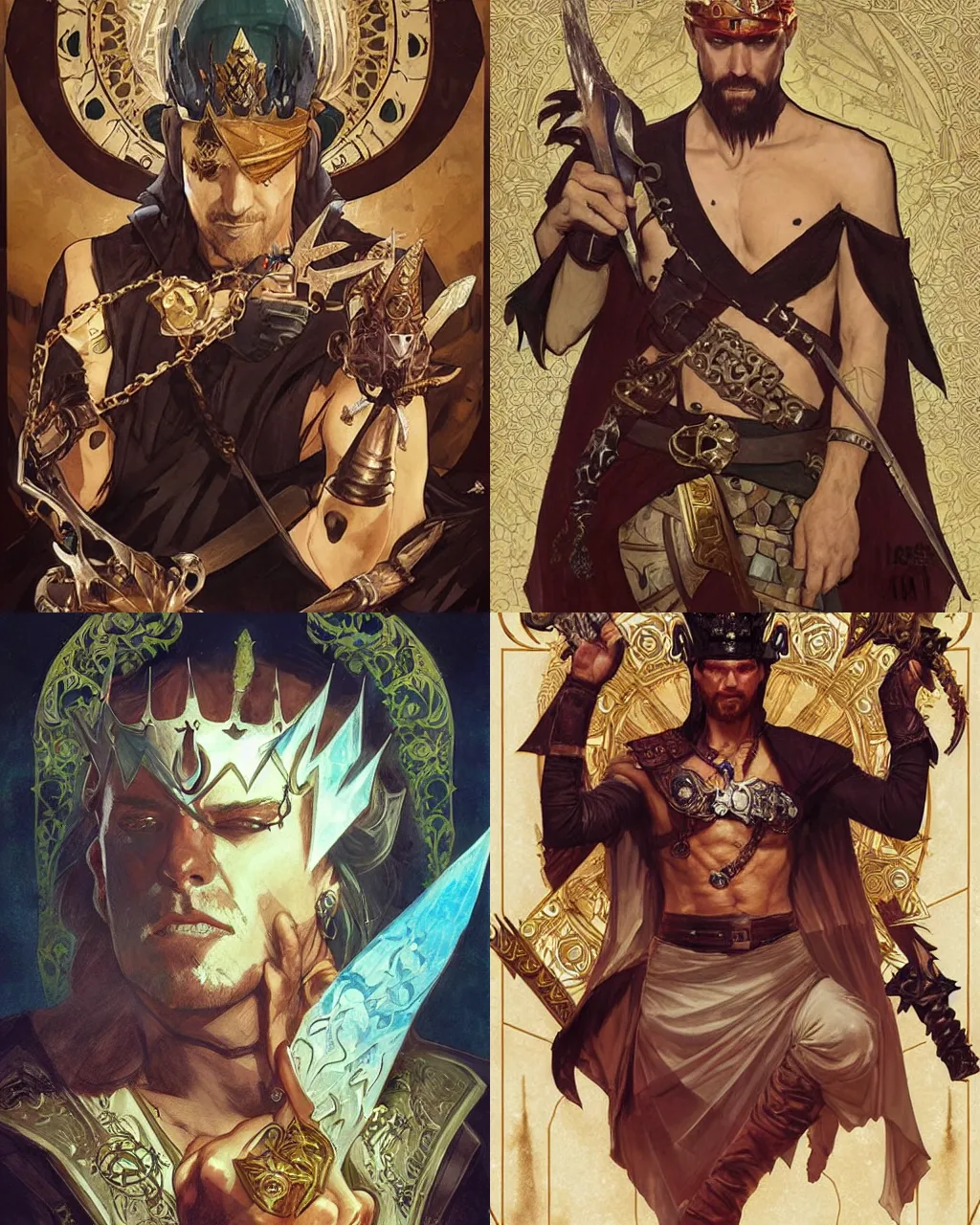 Prompt: The King of Thieves, Dnd Boss, Daggers, Scar, Eyepatch, Broken Gold Shackles, Arabian, Broken Halo Crown, Tattoos, by artgerm and greg rutkowski and alphonse mucha