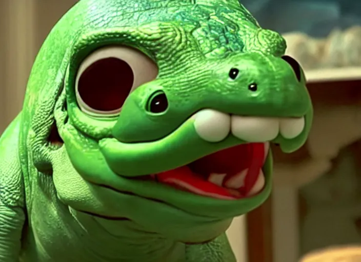 Image similar to film still of yoshi in the new sci - fi movie, cute upright dinosaur with a small turtle shell and long tongue, 8 k