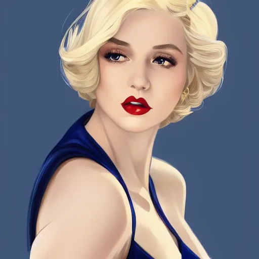 Prompt: a beautiful pin - up portrait of a beautiful cute superhero woman, blonde hair, bob haircut, matte navy - blue bodysuit, white cape, intricate, elegant, 8 k, highly detailed, digital painting, concept art, smooth, sharp focus, illustration, disney, artgerm and loish and wlop and alphonse mucha