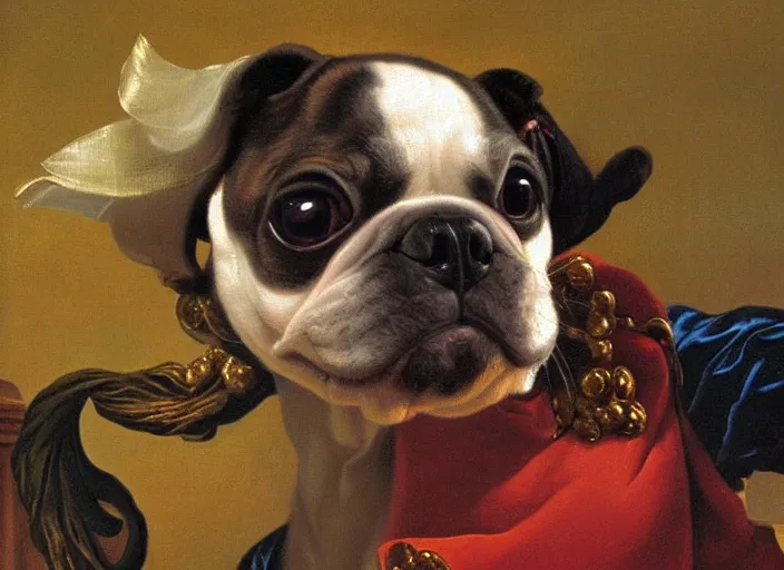 Prompt: baroque rococo painting The Royal Boston Terrior portrait Greg Hildebrandt high detail cute puppy