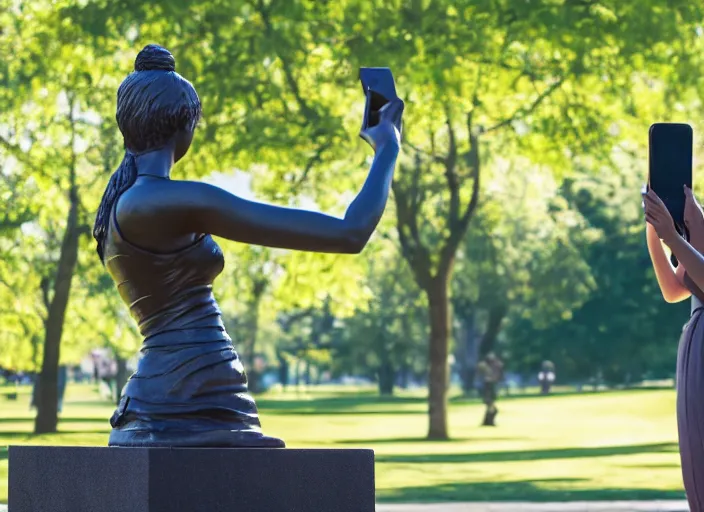 Image similar to photo still of a bronze statue of a woman using an iphone to take a selfie in a park on a bright sunny day, 8 k 8 5 mm f 1 6