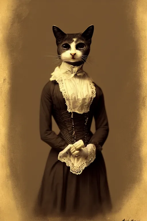 Image similar to wet plate photograph, portrait of an anthropomorphic cat, dressed as a victorian - era woman, dramatic lighting, highly detailed, digital painting, artstation, concept art, smooth, sharp focus, illustration, art by wlop, mars ravelo and greg rutkowski