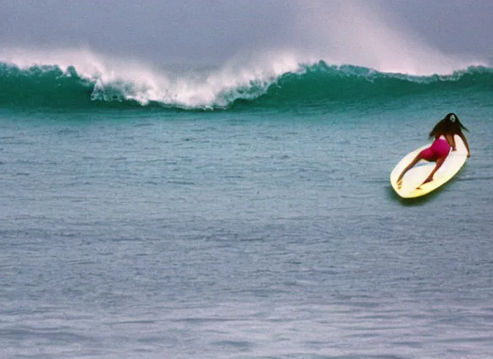 Prompt: color photo of a shark fin in the water beside a surfergirl riding a big wave in the 8 0's