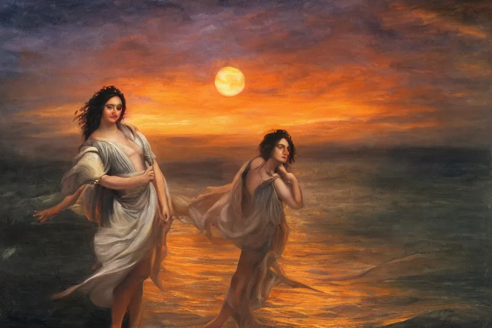 Prompt: Miranda on the beach, Shakespeare's The Tempest, beautiful woman, dark hair, sunrise in the background, orange and purple lighting, oil on canvas, stunning classical painting, beautiful, dramatic colors, hyperrealistic photorealistic 8k high quality artwork