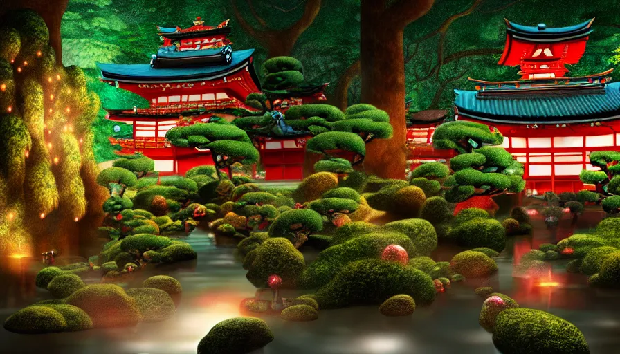 Image similar to a very cozy and surreal magical Japanese temple in a lush waterfall garden, in the style of Gucci and James Jean, glowing lights, magic details, very detailed, 8k, cinematic look, trending on artstation