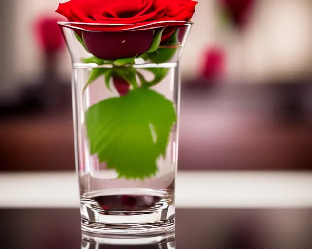 Prompt: 5 5 mm photo of tall cocktail glass on a zen minimalist table with blurred red roses in the background. highly detailed 8 k. intricate. lifelike. soft light. nikon d 8 5 0.