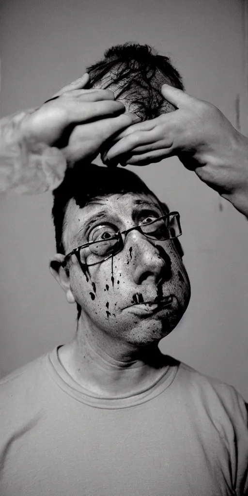 Image similar to award winning heartbreaking photo of todd solondz crying, grim colors, weird and disturbing, symmetrical face, beautiful eyes, studio lighting, wide shot art by roger ballen & francis bacon