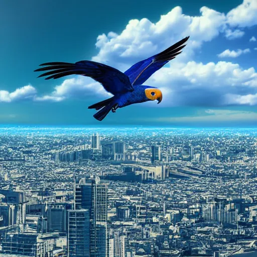 Prompt: blue parrot flying above a city, anime style, blured background