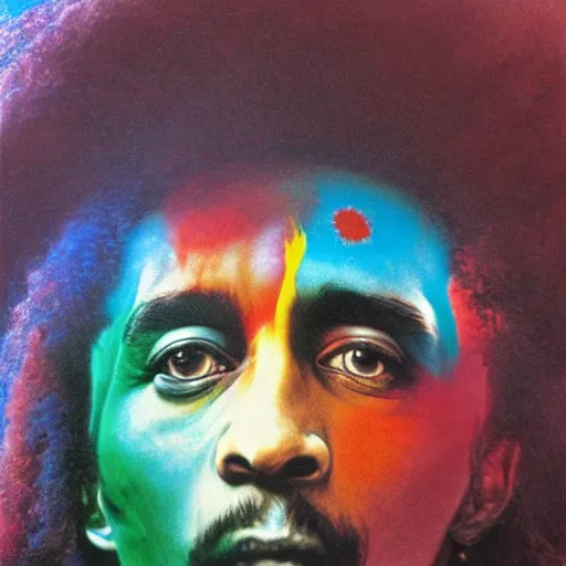 Prompt: colour masterpiece surreal closeup portrait photography bob marley by miho hirano and annie leibovitz and michael cheval, psychedelic smoke background by kilian eng and roger dean and salvador dali and beksinski, 8 k